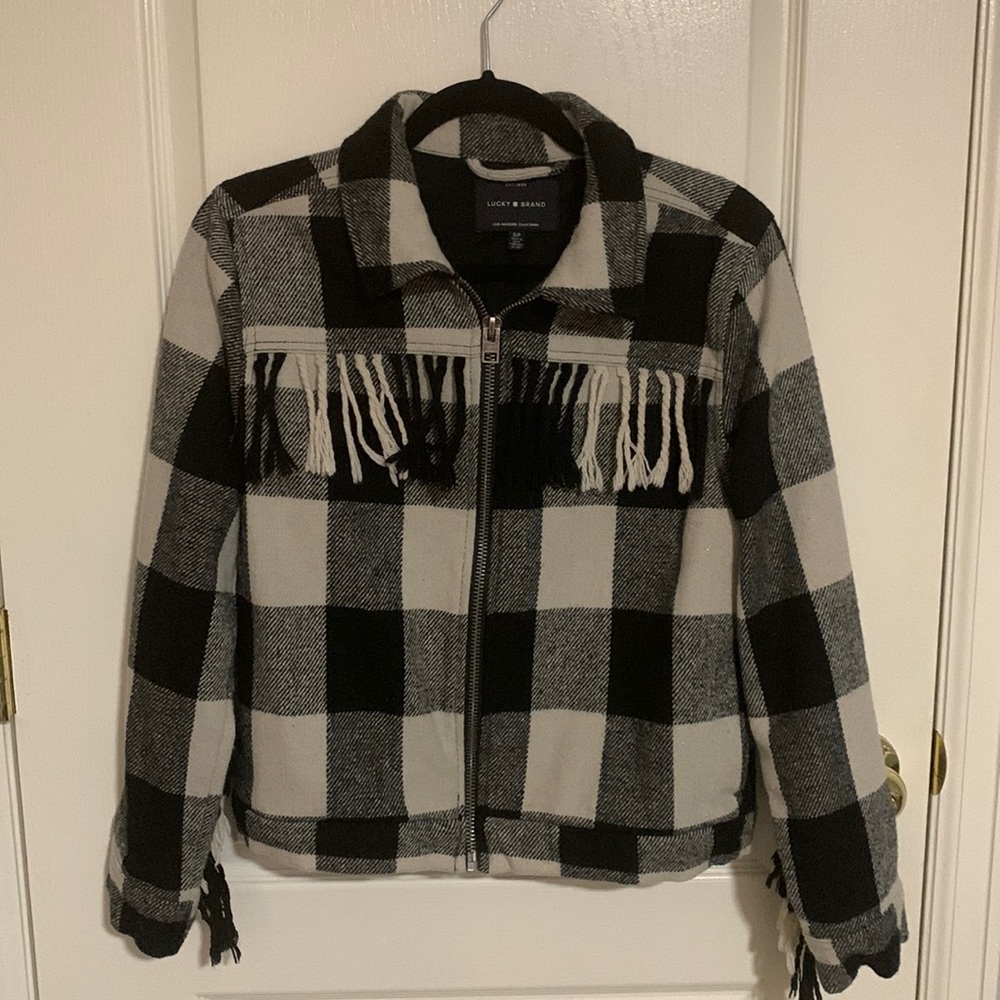 Lucky Brand Plaid Fringe Jacket
